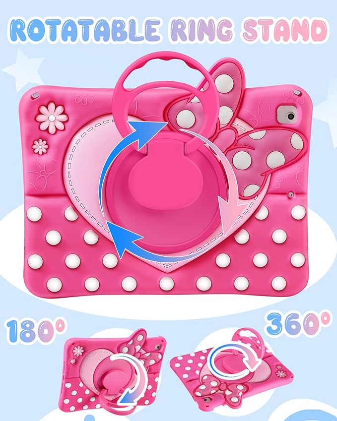 Boaretiu Kids Case for iPad 5th/6th Generation/Air1/Air2/Pro 9.7 inch - Cute Girly Cartoon Soft 3D Silicone Cover with Strap & Rotating Stand for Girls Teens, Bow Heart