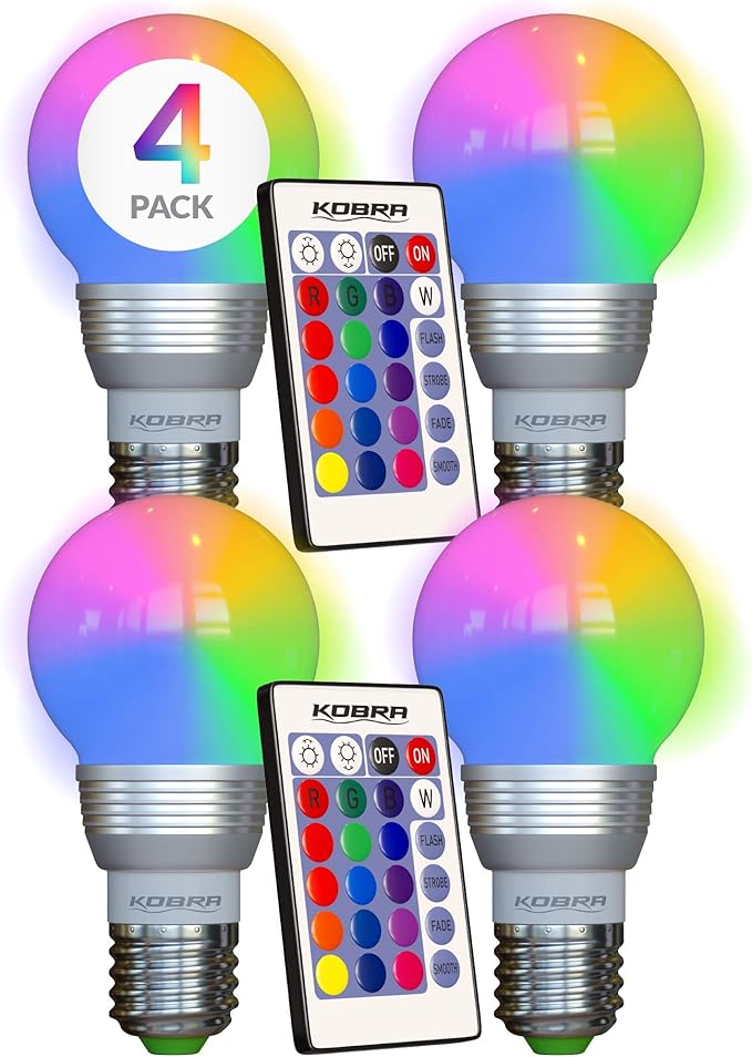 Kobra LED Color Changing Light Bulb with Remote Control (4-Pack) - 16 Different Color Choices Smooth, Fade, Flash or Strobe Mode - Smart Remote Lightbulb - RGB & Multi Colored
