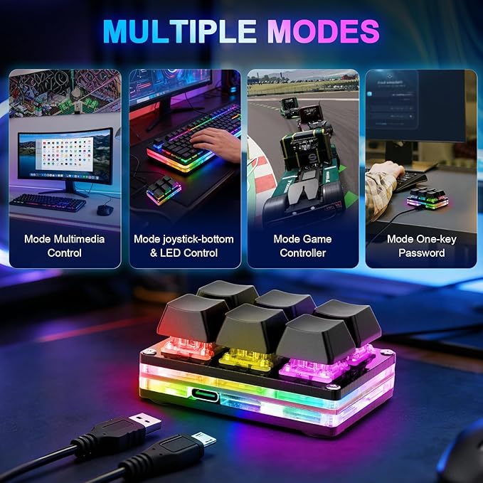 aikeec Black White 6-Key Gaming Keyboard, USB Mini 6-Key Keypad Mechanical Gaming PC Keyboards Programming Macro with Software OSU HID Standard Keyboard.(Upgrade Cherry Shaft & RGB LED)