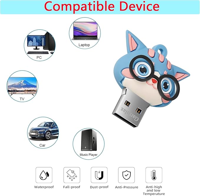 USB Flash Drives,Waterproof Silicone USB2.0 High Speed Thumb Memory Stick Pen Date Storage Pendrive U Disk (16GB,Blue Cat)