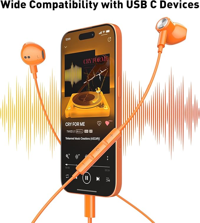 USB C Headphones Wired Type C Earphones for Samsung/Galaxy S26 S25 S24 Plus S23 S22 S21 S20 Ultra Magnetic Corded Earbuds for iPhone 15 Pro Max 16 16e 17 17e Air for Apple/Android Ear Buds Orange