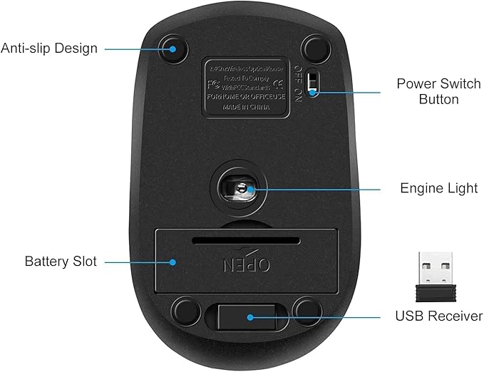 Guiheng Wireless Mouse, 2.4Ghz Wireless Computer Mouse 1200,6 Buttons with Nano Receiver for Laptop,PC,Chromebook,Computer,Notebook,Office (Battery not Included, Black)