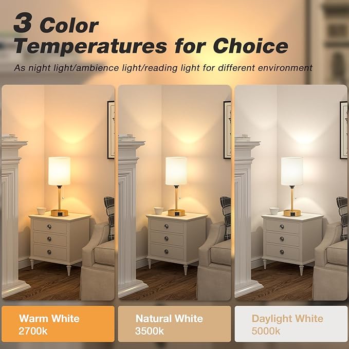 Dicoool Small Bedside Lamps 3 Color Modes - 3000K 4000K 5000K Bedroom Lamps with USB C and A Ports, Pull Chain Gold Table Lamps with AC Outlet, Nightstand Lamps with Gold Metal Base for Kids Reading