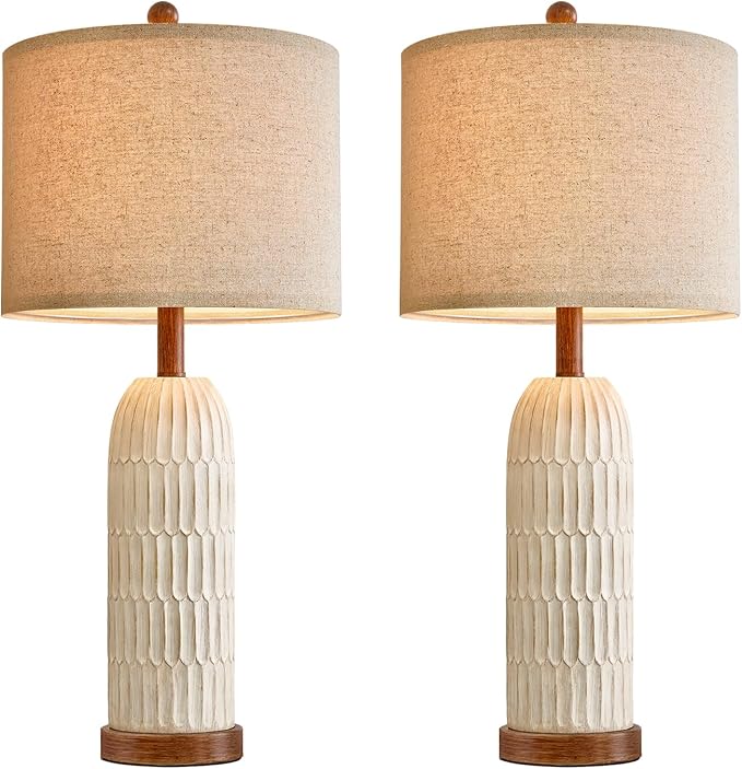 OYEARS 26.5" Bedside Table Lamps Set of 2, Farmhouse Table Lamp with USB A+C Charging Ports,Vintage Nightstand Lamp for Bedrooms and Living Rooms, Retro Resin End Table Lamp with Linen Shade, Brown