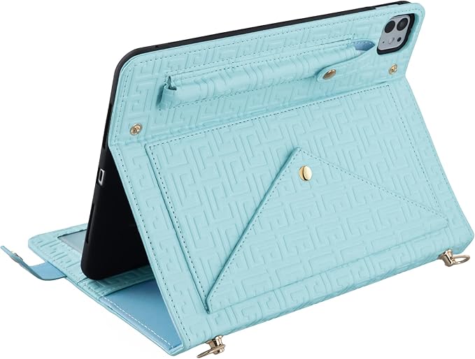 Handbag Case for iPad Pro 12.9" (6th/5th/4th Generation) & iPad Air 13" M3 M2, Techcircle Elegant Crossbody Folio Stand Wallet Case w/Pencil Holder, Card Slots, Hand+Shoulder Strap, Baby Blue