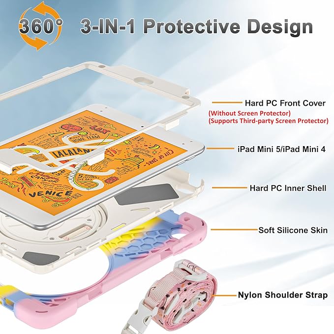 BRAECNstock Kids Case for Apple iPad mini 5/4 7.9" 2019/2015, Shockproof Protective with Pencil Holder, Rotating Hand Strap & Stand, Shoulder Strap, Case for iPad mini 5th/4th Gen, Colorful Pink