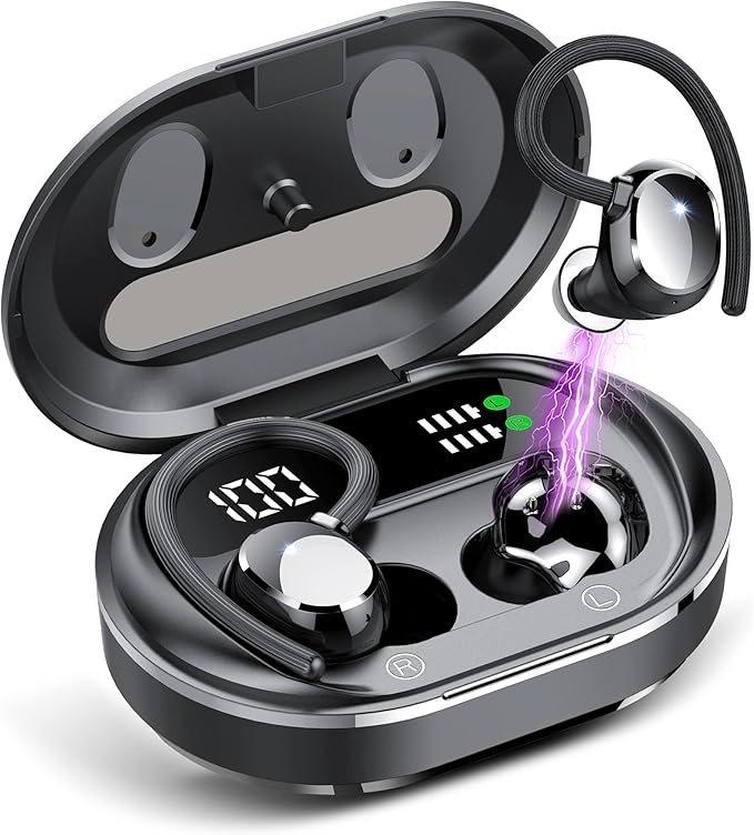 Wireless Earbuds, 2023 New Ultralight Sport Bluetooth 5.3 Headphones In Ear with LED Display, Built-in Mic Earphones, IPX7 Waterproof Wireless Headphones with Earhooks for Gym Workout (Black)