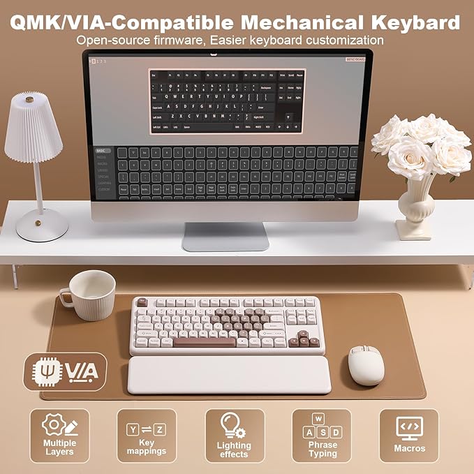 YUNZII B87 Wireless Mechanical Keyboard,QMK/VIA Programmable,TKL Layout 87 Keys,BT/2.4G/USB-C,Hot Swap Gasket Mount RGB Backlit Gaming with Wrist Rest for Win/Mac (Brown Heart, Cocoa Cream V2)