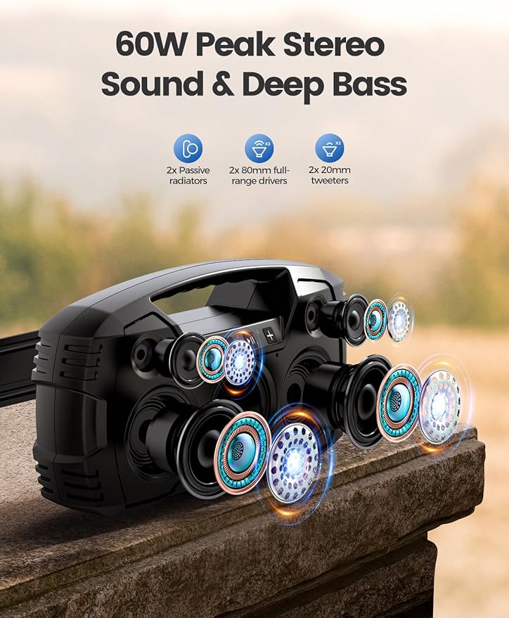 Portable Wireless Bluetooth Speaker, 40W (60W Peak) Loud Sound IPX7 Waterproof Speakers, 32H Playtime, Outdoor Speaker, Rich Bass, BT 5.0, TWS Pairing, Built-in Mic, for Party, Pool, Beach, Gifts