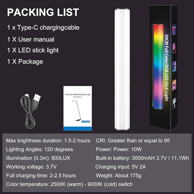 114 LEDs RGB Video Light Wand, Magnetic Handheld Magnetic Tube Light 2500K-9000K CCT & 20 Scene Modes with 3000mAh Battery, 95+ CRI, 120° Beam Angle for Photography YouTube TikTok Vlog