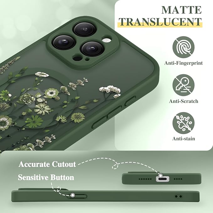 GVIEWIN for iPhone 15 Pro Max Case Compatible with MagSafe, [Military Grade Protection] [Screen Protector] Full Camera Protection Floral Translucent Women Magnetic Phone Case, Floratopia/Forest Green
