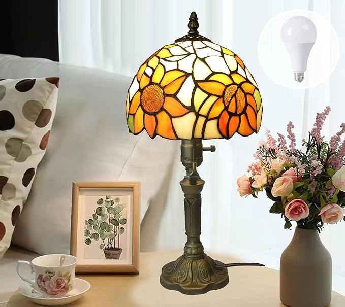 BMXKPO Tiffany Lamp Stained Glass 3 Way Table Lamp,Yellow Sunflower Bedside Table Lamp LED E26 Bulb, for Bedroom Living Room,Included 3 Way LED Bulb