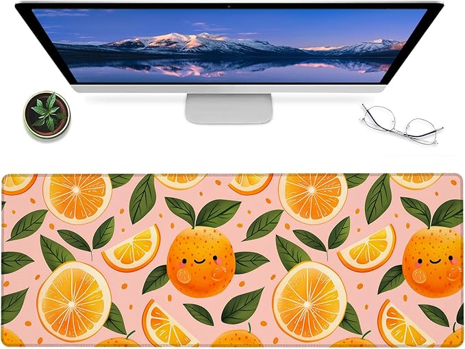Smiling Orange Gaming Mouse Pad – 12x31.5in Non-Slip Rubber Desk Mat with Cute Citrus Design – Large Extended Mousepad for Office Home – Deskmat Gifts for Food and Kawaii Lovers Decor