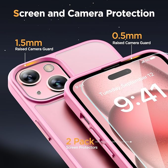 Miracase Magnetic for iPhone 15 Case (Compatible with MagSafe)（with 2X Screen Protectors） Military-Grade Protection, Anti-Fingerprint Translucent Matte Phone Cover for iPhone 15 6.1 inch, Mes Pink