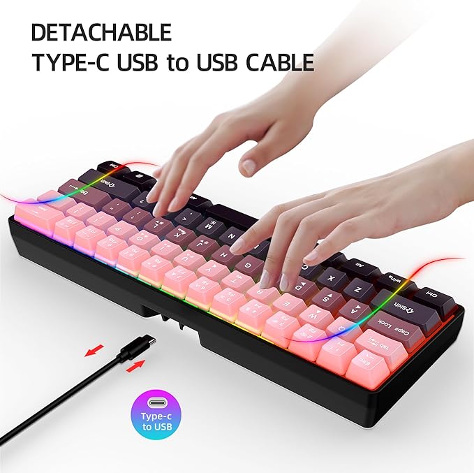 Snpurdiri 60% Wired Gaming Keyboard, 61 Keys RGB Backlit Ultra-Compact Small Gaming Keyboard, for PC/Mac Gamer, Typist, Travel, Easy to Carry on Business Trip (Pink-Black)