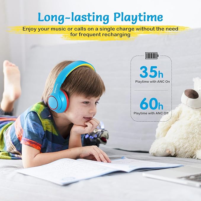 TONOSHARK Kids Bluetooth Headphones with Active Noise Cancelling, Wireless Over-Ear Headphones for Boys Girls, Foldable, Adjustable,for School Trave (Blue red)