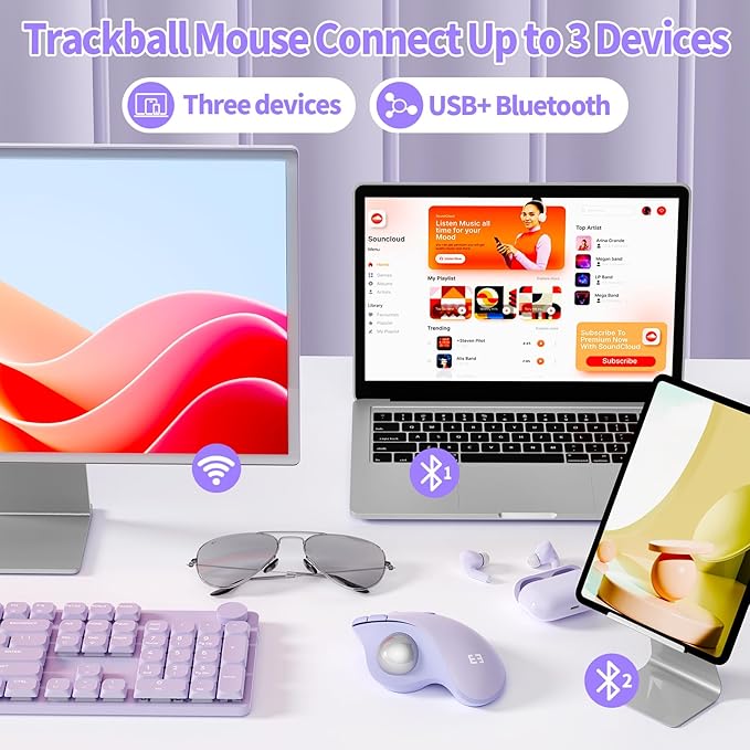 seenda Wireless Trackball Mouse, Ergonomic Bluetooth Rollerball Mouse Rechargeable, 3 Device Connection Optical Mice Adjustable DPI Thumb Control Mice Compatible for PC/Laptop/Windows - Light Purple