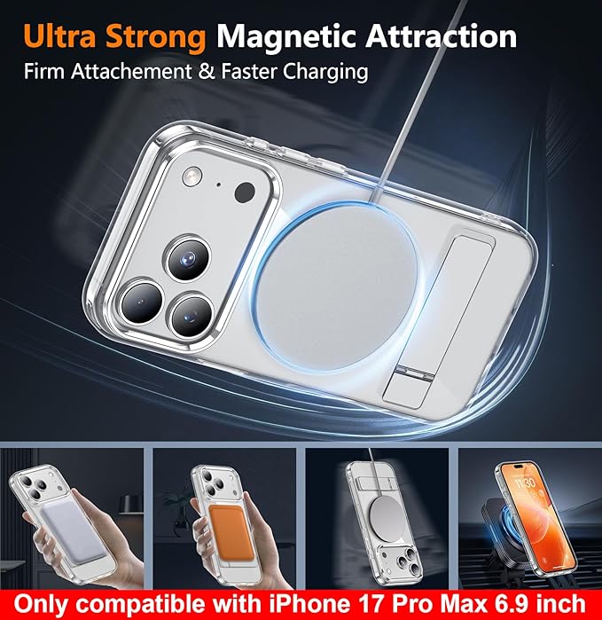 SPIDERCASE Magnetic for iPhone 17 Pro Max Case,with [3 Stand Ways] [Military Grade Drop Protection] with Invisible Stand Shockproof Slim Case for iPhone 17 Pro Max 6.9 inch,Clear