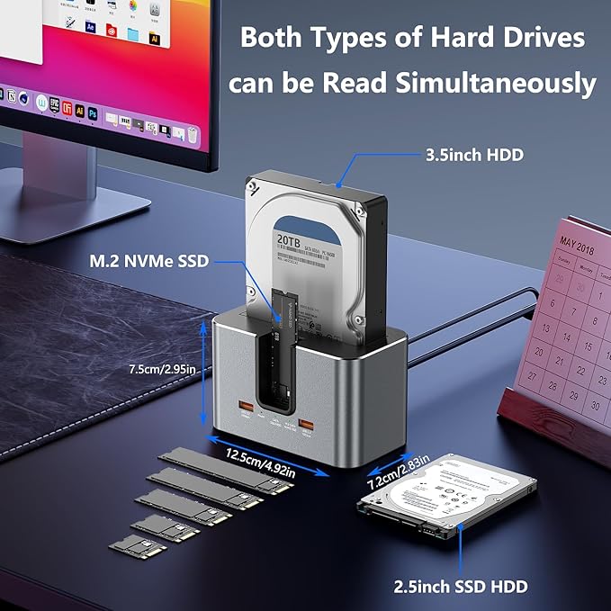 SATA & M.2 NVMe Hard Drive Docking Station for 2.5 & 3.5 inch SATA HDD/SSD and M.2 NVMe SSD, USB 3.2 10Gbps Transfer Rate, Up to 28TB, 2-Bay