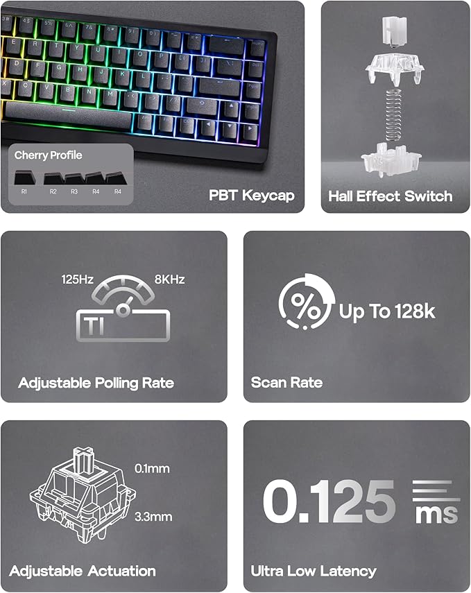 EPOMAKER HE68 Lite Hall Effect Gaming Keyboard, 8k Polling & 128K Scan Rate, 0.005mm Adjustable Trigger, 0.125ms Latency, 5-Layer Sound-Dampened, Snap Key, SOCD, A-RGB, Wired, Mac Software (Black)