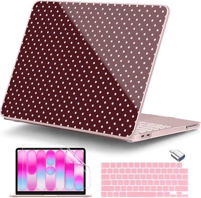 DONGKE for MacBook Neo 13 Inch Case 2026 (Model A3404, A18 Pro chip), Stylish Pattern Protective Hard Shell with Screen Protector, Keyboard Cover & USB-C Adapter - Burgundy Polka Dots