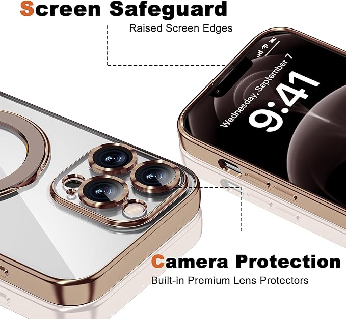 Compatible with iPhone 12 Pro Max Case with Magnetic Ring Stand [Compatible with Mag-Safe] [Full Camera Lens Protector] Plating Clear Phone Case for iPhone 12 Pro Max 6.7", Desert Gold