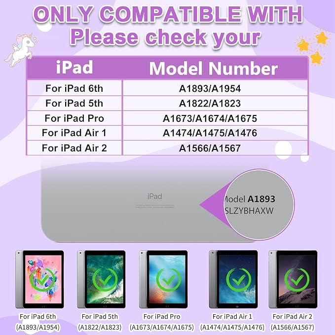 HianDier for iPad 5th/6th Generation Case, for iPad Air 1st/2nd Gen, for iPad Pro 9.7 Inch Case Kids Girls Cute Unicorn with Rainbow Handle Detachable Lanyard Shockproof Protective Cover-Purple