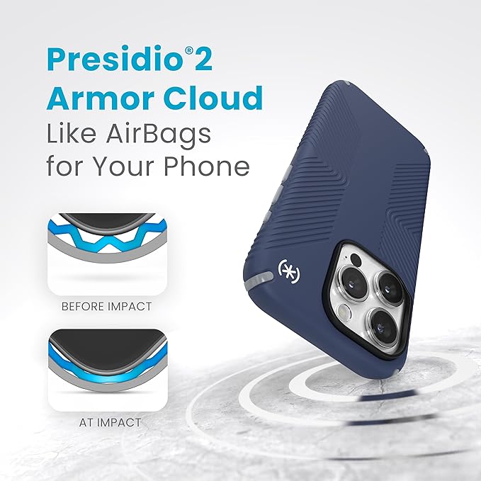 Speck iPhone 15 Pro Case - Built for MagSafe, Drop Protection Grip - Scratch Resistant, Soft Touch, 6.1 Inch Phone Case - Presidio2 Grip Coastal Blue/Dust Grey/White