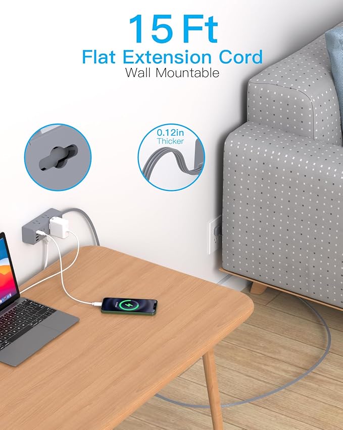 15Ft Extension Cord with Multiple Outlets, Flat Plug Power Strip Surge Protector with 15 Ft Long Cord, 6 Outlet 4 USB Ports (2 USB C), Multi Outlet Wall Plug for College, Dorm Room Essentials(Grey)