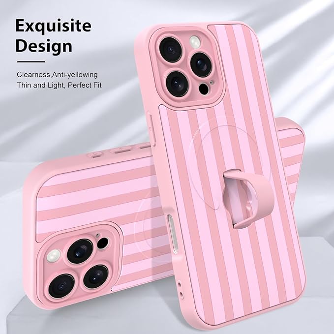 KANGHAR Compatible with iPhone 16 Pro Max Case, Support for MagSafe, Silicone Stripes Cute Pattern, Wristband Kickstand Camera Protection Soft Slim Cover for Girls Women -Pink