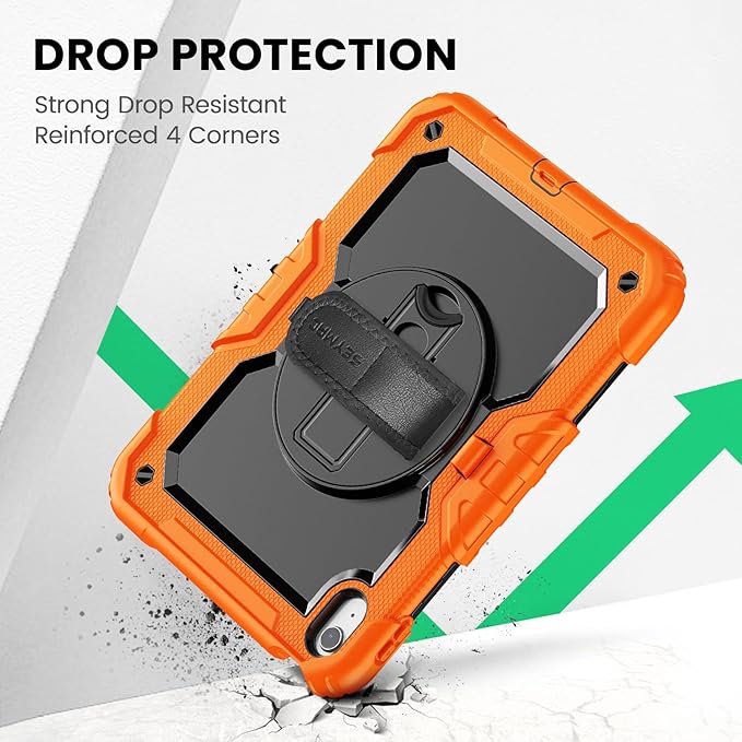 SEYMAC Case for iPad (A16) 11th/10th Generation 2025/2022 (11″/10.9″), Sturdy Heavy Duty Full-Body Shockproof Protective Case with Screen Protector, Rotating Stand, Hand/Shoulder Strap, Black/Orange