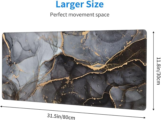 Grey Black Gold Marble Print Large Mouse Pad with Stitched Edges Long Non-Slip Rubber Base Mousepad Laptop Keyboard Mat Desk Pad for Office Home Desk Decor, 31.5" X 11.8"