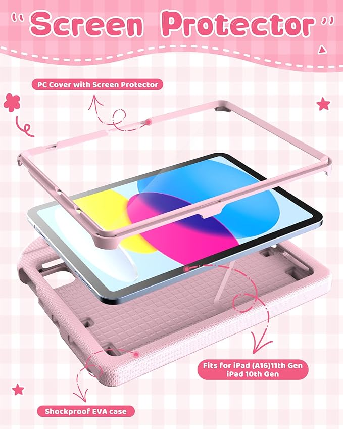 Kids Case for iPad A16 11th Gen 11-Inch 2025 & iPad 10th Generation (10.9" 2022), Durable Shockproof Fully-Body Cover with Screen Protector/Pencil Holder/Stand/Handle for Kids, Light Pink