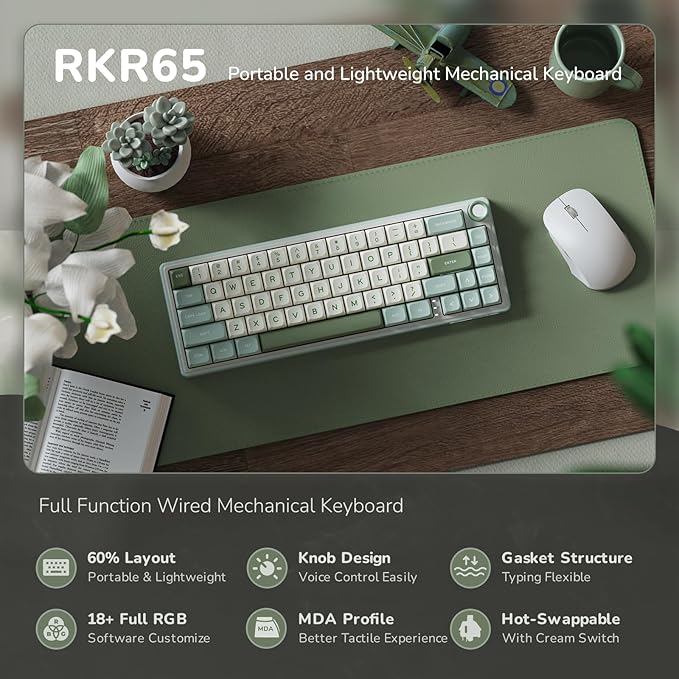 RK ROYAL KLUDGE R65 Wired Mechanical Keyboard, 60% Percent Creamy Gaming Keyboard Gasket Mount RGB Backlit with Programmable Knob, MDA Profile PBT Keycaps, QMK/VIA, Hot Swappable Linear Switch, Cyan