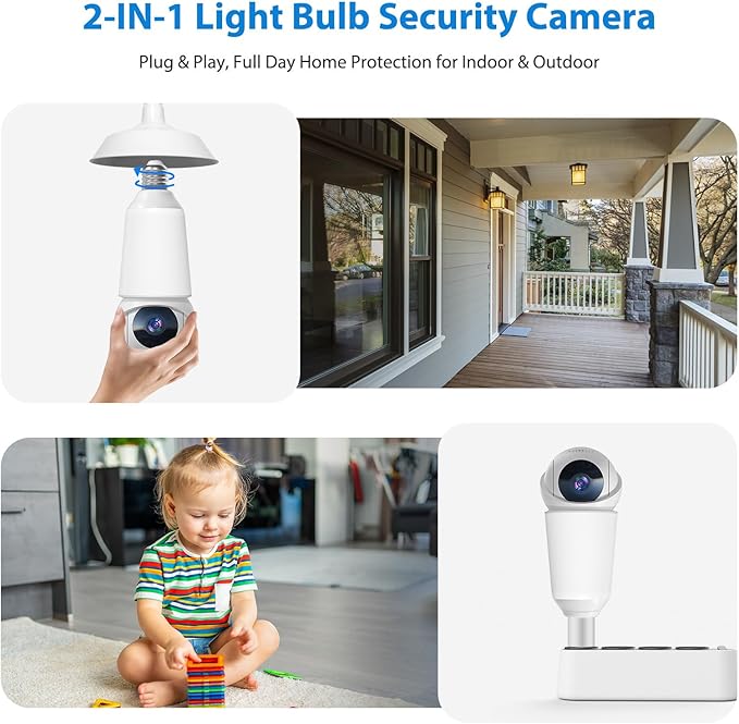 Light Bulb Security Camera, 2.4G&5G WiFi Lightbulb Cameras Wireless Outdoor, Smart AI Motion Detection, Color Night Vision, US Cloud Storage, 911 Emergency Calling