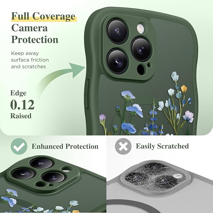GVIEWIN for iPhone 16 Pro Max Case Compatible with MagSafe [Curly Wave Edge][Full Camera Protection] Floral Translucent Shockproof Magnetic Women Phone Case for 16 Pro Max, Sweet Posy/Forest Green