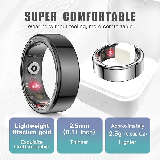 Smart Ring Health Tracker for Women Men, Sleep Tracker with Heart Rate and Blood Oxygen, Fitness Ring for Activity Monitoring, 15 Days Battery, No Subscription, Titanium Alloy(Black, #10)