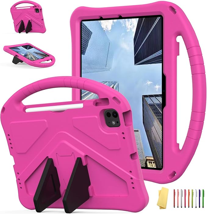 Kids Case for iPad Air 11 inch M4/M3/M2 (2026/2025/2024) with Pencil Holder/Shockproof Handle/Kickstand/Slim Lightweight Soft EVA Foam Folio Stand Tablet Protective Girls Boys Cover, Rose