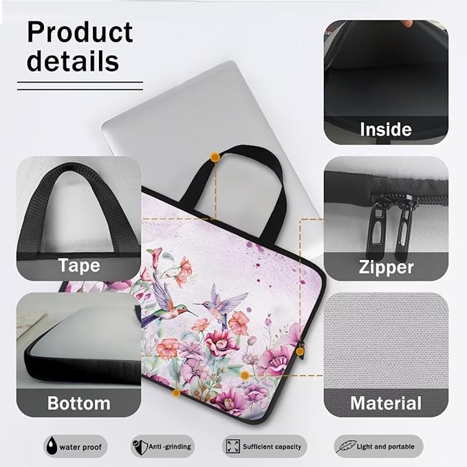 13 Inch Laptop Sleeve, Laptop Cover Computer Bag Tablet Carrying Case with Handle, Hummingbirds Floral Water-Repellent Tote Bags Notebook Sleeves Handbag Messenger Briefcase