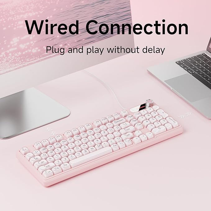 EWEADN V102 Wired Keyboard, 98 Keys Creamy Gaming Keyboard with Number Pad, Display Screen & Media Knob RGB Silent Wired Cute Computer Keyboard for Laptop PC Gamer - Pink