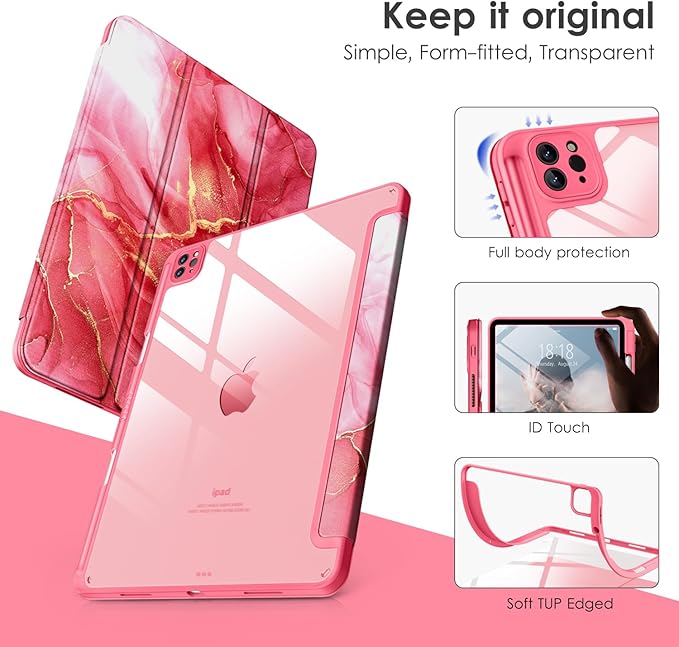 VIKESI Case for iPad Pro 12.9 6th/5th/4th/3rd Generation 2022/2021/2020/2018,TPU Shockproof Frame,Built-in Pencil Holder,Auto Sleep/Wake - Red Marble
