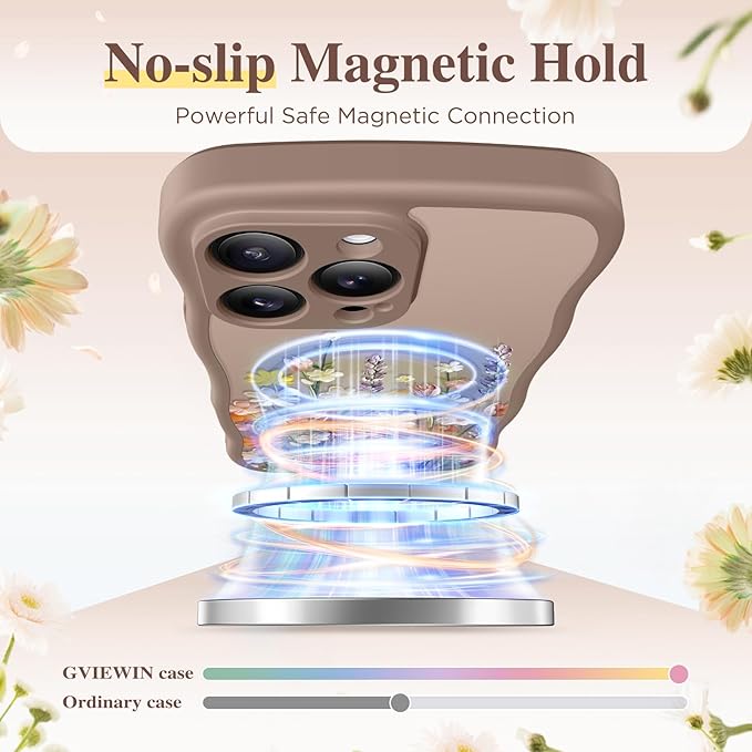 GVIEWIN for iPhone 16 Pro Max Case Compatible with MagSafe [Curly Wave Edge][Full Camera Protection] Floral Translucent Shockproof Magnetic Women Phone Case for 16 Pro Max, Primrose/Brown