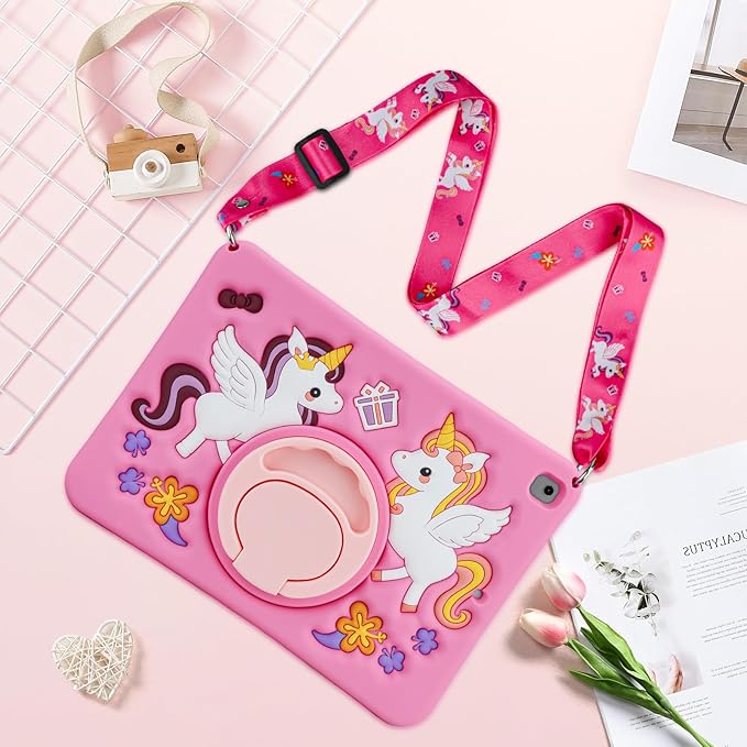 HianDier for iPad 9th Generation Case/iPad 8th Generation Case/iPad 7th Generation Case Cute Unicorn Silicone Tablet Cover with Detachable Strap and Rotatable Stand Shockproof Cover-Rose Pink