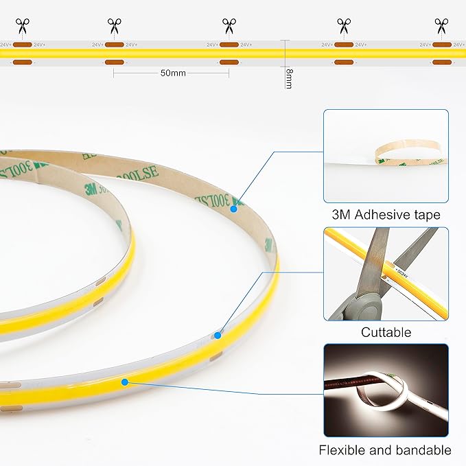 AXMOTUT COB LED Strip Lights with Remote, 24V 9.84ft Natural White Dimmable LED Light Strips, High Bright 4000K LED Lights with Power Supply for Room, Kitchen, DIY Home Decoration