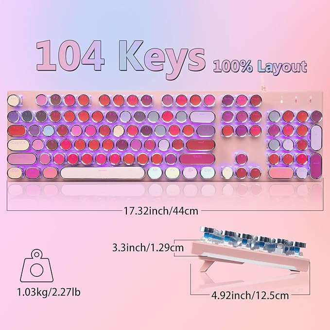 HUO JI Mechanical Gaming Keyboard Typewriter Style with RGB Side Lit and Purple LED Backlit, Retro Style, Blue Switches - Clicky, Metal Panel, Lipstick 104 Keys USB Wired for Mac, PC, Cute Pink