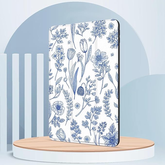 Case for iPad 9th / 8th / 7th Generation (2021/2020/2019) 10.2 inch, Case with Pencil Holder, Stand Clear Back Cover Cute Cool Design for Women Girls, Auto Sleep/Wake, Blue Flower