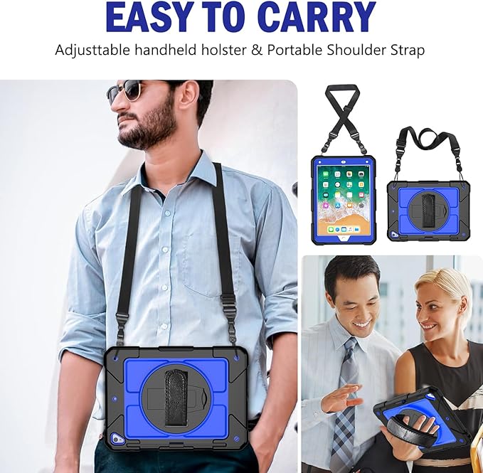 BMOUO Case for iPad 6th/5th Generation Case (9.7 inch, 2018/2017), 360°Rotating Stand, Hand/Shoulder Strap Shockproof iPad 9.7” Case for iPad Air 2, Deep Blue
