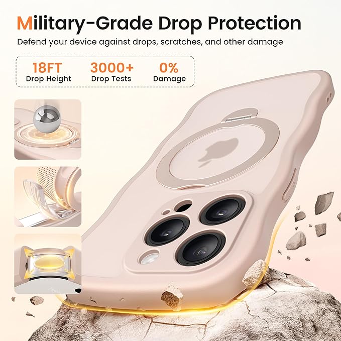 CAPRARO for iPhone 15 Pro Case with 360° Spin Magnetic Stand for Women, [Compatible with MagSafe] [Full Camera Protection] Cute Wave Translucent Matte Case for iPhone 15 Pro, Rose Gold
