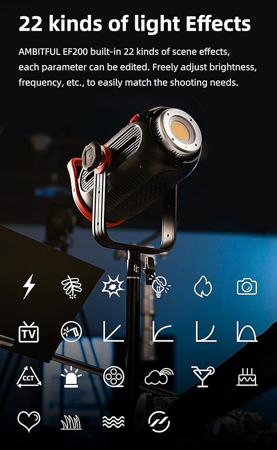 AMBITFUL EF200 Aurora 200W COB LED Video Light, 5600K Daylight Fill Light, CRI 95+/TLCI 97+, 6 FX Effects, Wireless App Control, Quiet Mode, Professional Photography Lighting for Studio Light