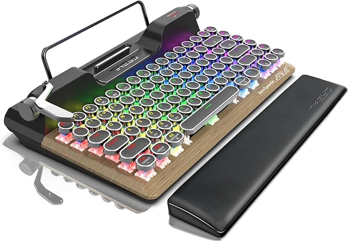 7KEYS Retro Typewriter Mechanical Gaming Keyboard, Vintage Style Computer Keyboard with Wireless Bluetooth5.0/Wired/2.4G, True RGB Backlight, Compatible with PC/Laptop/Tablet/Phone